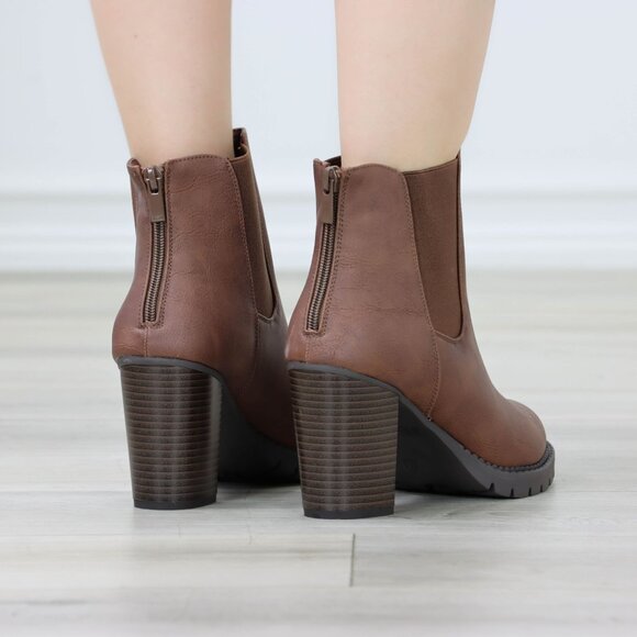 Womens Ankle Boots Lug Block Heel Brown Synthetic Leather Round Toe Elastic Gore - Picture 11 of 11